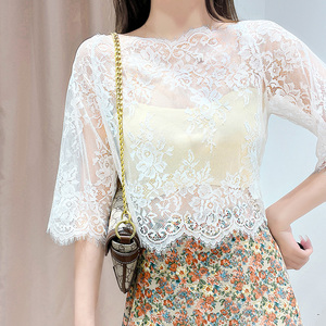 白色蕾丝上衣女夏吊带裙内搭短袖纱衣短款套头罩衫中袖网纱打底衫