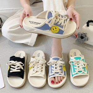 帆布鞋拖鞋女夏外穿2022新款孕妇大码宽胖脚小众半拖运动系带凉拖