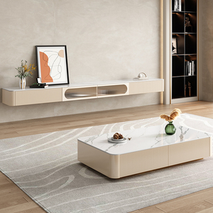 岩板悬空电视柜一字板茶几组合现代简约轻奢客厅悬挂式壁挂小户型
