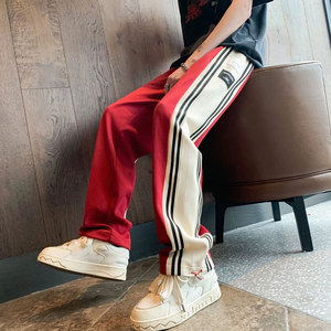 酒红色条纹裤子潮in高街男夏季设计感织带直筒卫裤cleanfit街舞裤