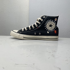 匡威all star权志龙黑色刺绣小雏菊花高帮男女情侣帆布鞋567993c