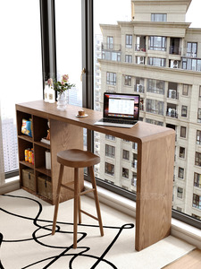 全实木吧台桌家用阳台靠墙窄桌子长条桌厨房隔断一体高脚桌椅组合