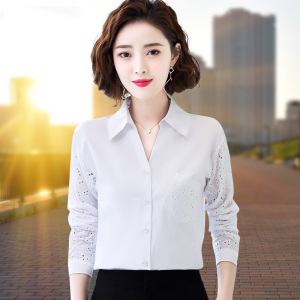 长袖衬衫女纯棉2022秋装新款韩版修身百搭外穿上衣全棉打底白衬衣