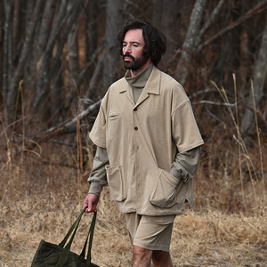 halcyon 22ss 日系户外山系复古休闲宽松古巴领灯芯绒短袖衬衣