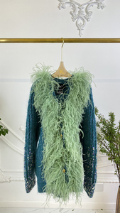 格鲁吉亚设计师品牌LALO手工钉珠鸵鸟毛毛衣开衫外套女