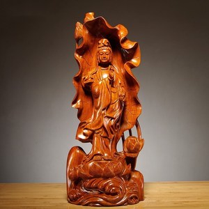 花梨木雕刻观音佛像摆件莲花观音菩萨雕像家居客厅供奉红木工艺品
