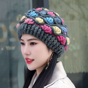 手工钩织毛线帽女秋冬新款羊毛加绒帽子复古优雅蓓蕾帽包头帽保暖