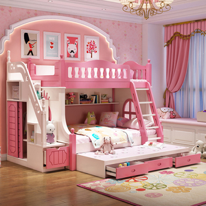 儿童床上下床女孩双层床公主粉色高低床实木子母床多功能床组合床
