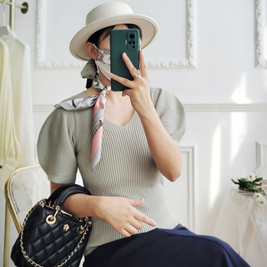 班77郁金香花苞袖羊腿袖泡泡袖针织衫v领短袖上衣薄款t恤女夏新款