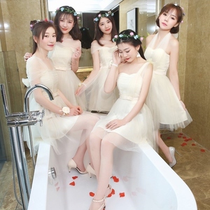 性感一字肩大红蕾丝双肩短款晚礼服白色婚纱新娘敬酒结婚伴娘团