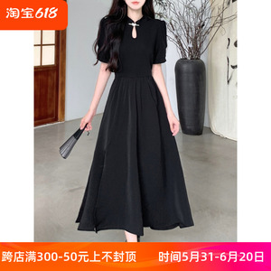 新中式改良旗袍连衣裙女夏季大码设计感侧面开衩气质黑色大摆长裙