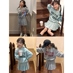 韩国春装女童学院风卫衣运动套装儿童休闲百褶半身裙短裙子2件套