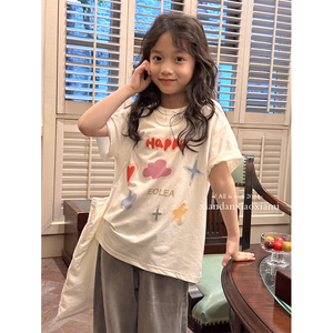 咸蛋小虾米韩国夏装女童字母白色纯棉短袖T恤儿童宽松版半袖上衣