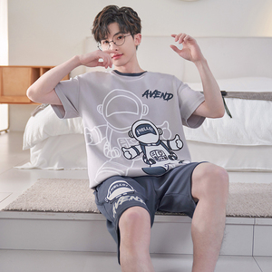 男士睡衣夏季纯棉短袖短裤青少年韩版卡通全棉夏天薄款家居服套装