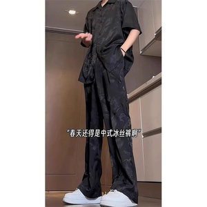 新中式国风冰丝套装男款夏季设计感龙纹刺绣直筒裤短袖衬衫两件套