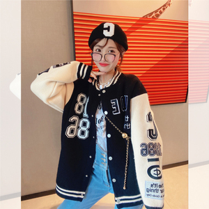 jennifer jxliu韩国冬~数字母刺绣贴布条纹加厚棒球服厚毛衣外套