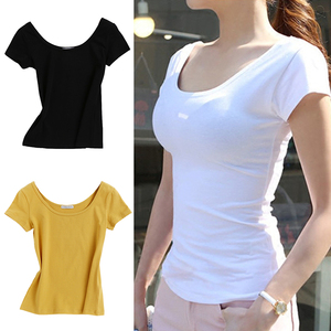 白色大领口短袖t恤女夏纯棉低领露背修身性感紧身低胸半袖u领上衣