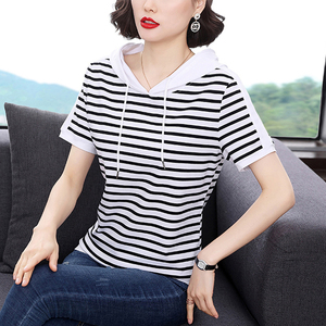 连帽短袖t恤女纯棉条纹上衣女士夏装新款遮肚子带帽汗衫女全棉t恤
