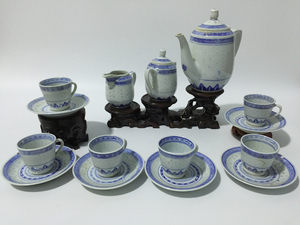 景德镇陶瓷怀旧老瓷器老厂货加彩青花玲珑心莲15头咖啡具茶具