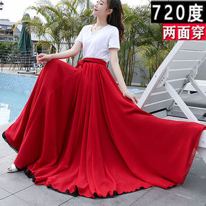 品牌大裙摆720度双层双色两面穿雪纺长裙红色维族新疆舞广场跳舞