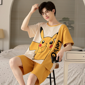 男士睡衣夏季纯棉短袖青少年可爱卡通皮卡丘薄款全棉男家居服套装