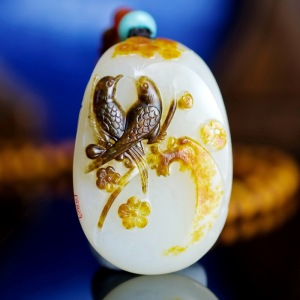 s885和田玉羊脂白玉籽料喜上眉梢 双喜临门 喜鹊登梅珠宝玉石挂件