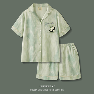 睡衣女2024新款夏季高级感冰丝短袖短裤套装可爱熊猫可外穿家居服