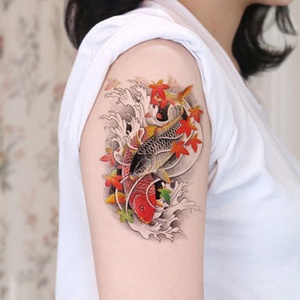红黑双鲤鱼大花臂纹身贴男女浪花手臂持久小腿仿真刺青招财锦鲤鱼