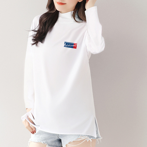 高领打底衫女春款加绒白色印花内搭小个子大码长袖t恤宽松上衣服