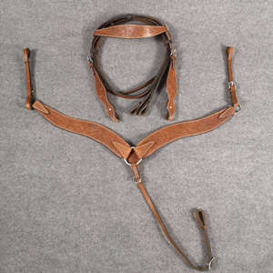 进口西部雕花牛皮水勒美式三件套水勒缰绳胸带马术卡纳瑞马具101