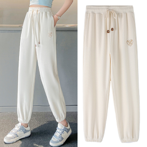白色运动裤女夏季薄款大码胖mm200斤车缝线宽松纯棉休闲束脚卫裤