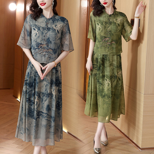 洋气新中式夏装时髦宽松上衣真丝两件套中老年半身裙妈妈套装女装