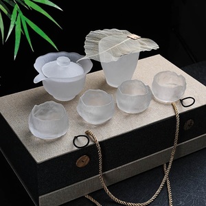 莲花盖碗茶杯冰川纹玻璃功夫茶具套装家用冰冻烧泡茶公道杯盖碗杯