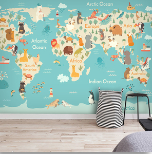 定制现代卡通动物世界地图壁画客厅动漫儿童房简约卧室背景墙壁画