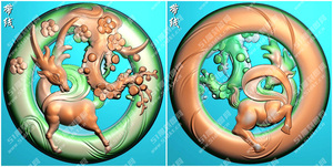 玉雕圆形双面镂空梅花鹿挂件精雕图JDP玉雕浮雕灰度图BMP电脑雕刻