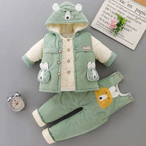 男宝宝冬装婴儿棉衣三件套装加厚0-2岁女棉袄棉服马甲背带裤冬季