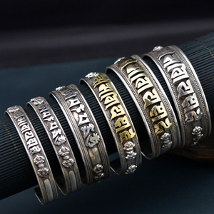 尼泊尔手镯925纯银六字大明咒手镯六字真言手镯 多种型号