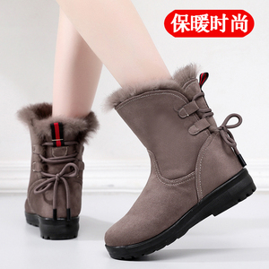 冬季新款老北京布鞋獭兔毛雪地靴保暖加绒加厚棉靴平跟中筒女靴子