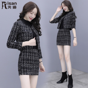 小个子春季新款套装女名媛时尚洋气格子外套裙子两件套小香风气质