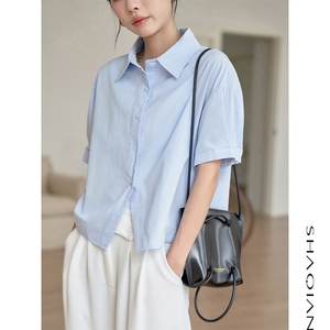 纯棉蓝色短袖衬衫女2024夏季宽松短款小众设计感浅色翻领半袖衬衣