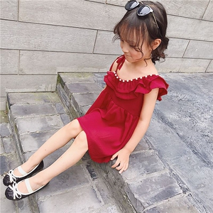 韩版童装2018夏季女童女人味荷叶边钉珠斜肩吊带儿童连衣裙1289