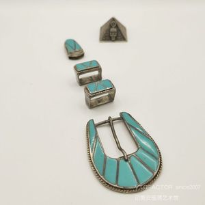1950s美国印第安祖尼部落手工天然绿松石纯银古董皮带扣头四件套