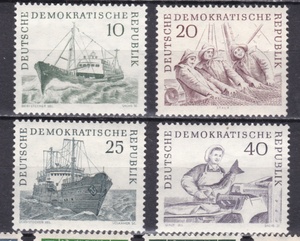德国 东德 邮票 1961 深海捕鱼 轮船 渔船 渔业 雕刻版 4全 无贴