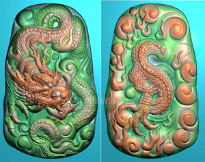 龙牌精雕图随形龙挂件双面玉雕图椭圆龙头两面扫描图浮雕jdp盘龙