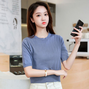 2022夏天收腰短袖冰丝毛衣女士短款小个子针织衫上衣修身薄款线衣