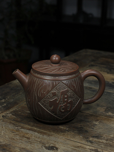 gan1rong淘宝钦州坭兴陶名家山水直桶壶纯全手工浮雕茶具原矿非紫砂