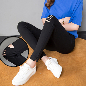 春秋学院风高腰紧身裤女学生韩版黑色九分破洞小黑裤女显瘦小脚裤