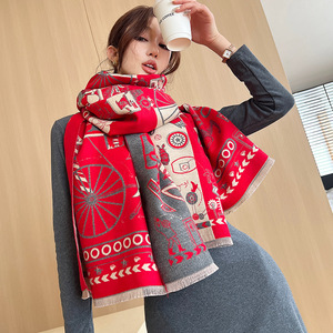 过年复古红色围巾女冬季韩国百搭长款仿羊绒保暖加厚披肩围脖两用