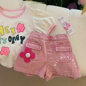 Spring韩国童装 夏季母女装粉色立体花朵小众亲子短裤儿童休闲裤