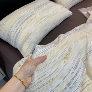 简约双层纱布四件套纯棉全棉高级感裸睡柔软条纹被套1.8m床上用品